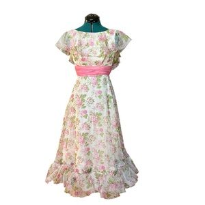 Sylvia Ann Spring Floral Ruffled Boat Neck Back Ribbon Floor Length Gown